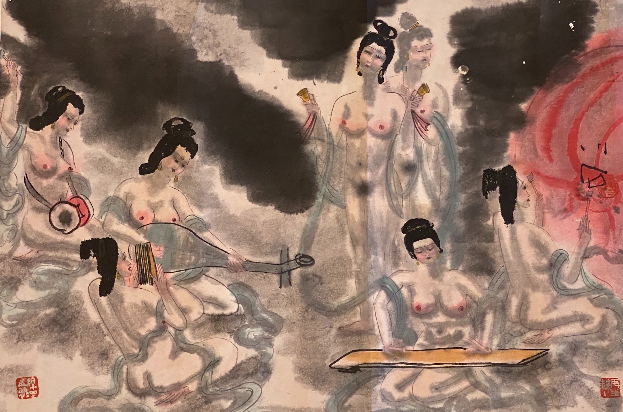 Xiao Shi Fu, late 20th century, painting on paper nude female musicians, Image 45.5cm x 68cm